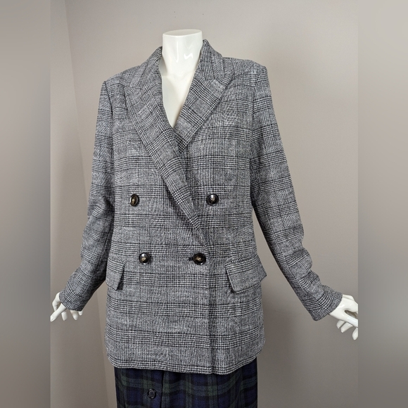 H&M Gray Plaid Double Breasted Blazer Size 6 Oversized Checkered Jacket - Picture 7 of 8